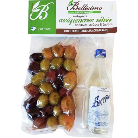 Mixed olives (green, black, blond) with ouzo bottle